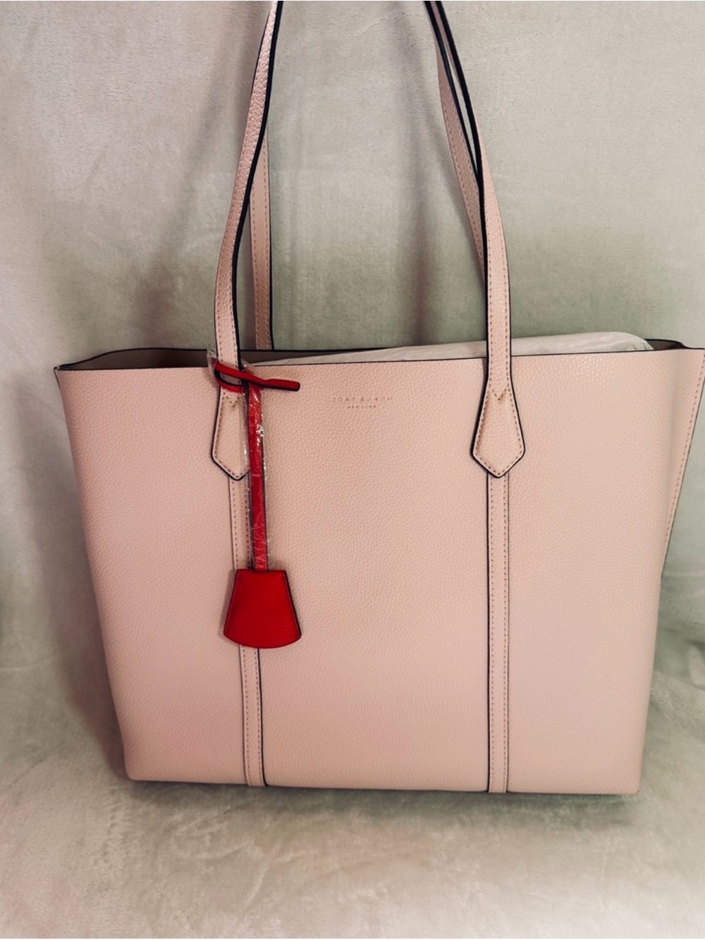 Tory Burch Perry. Blush Pink Pebbled Leather Tote with Red Charm